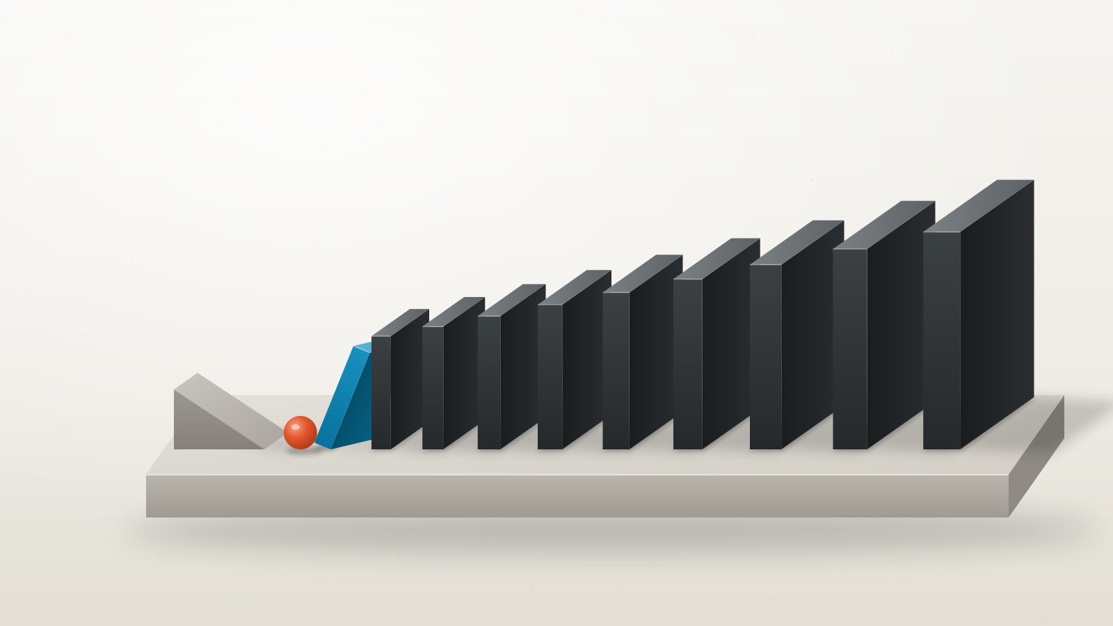 A row of dark dominoes growing taller from left to right on a plinth, the small teal first one tipping forward after an orange ball rolls off a ramp.