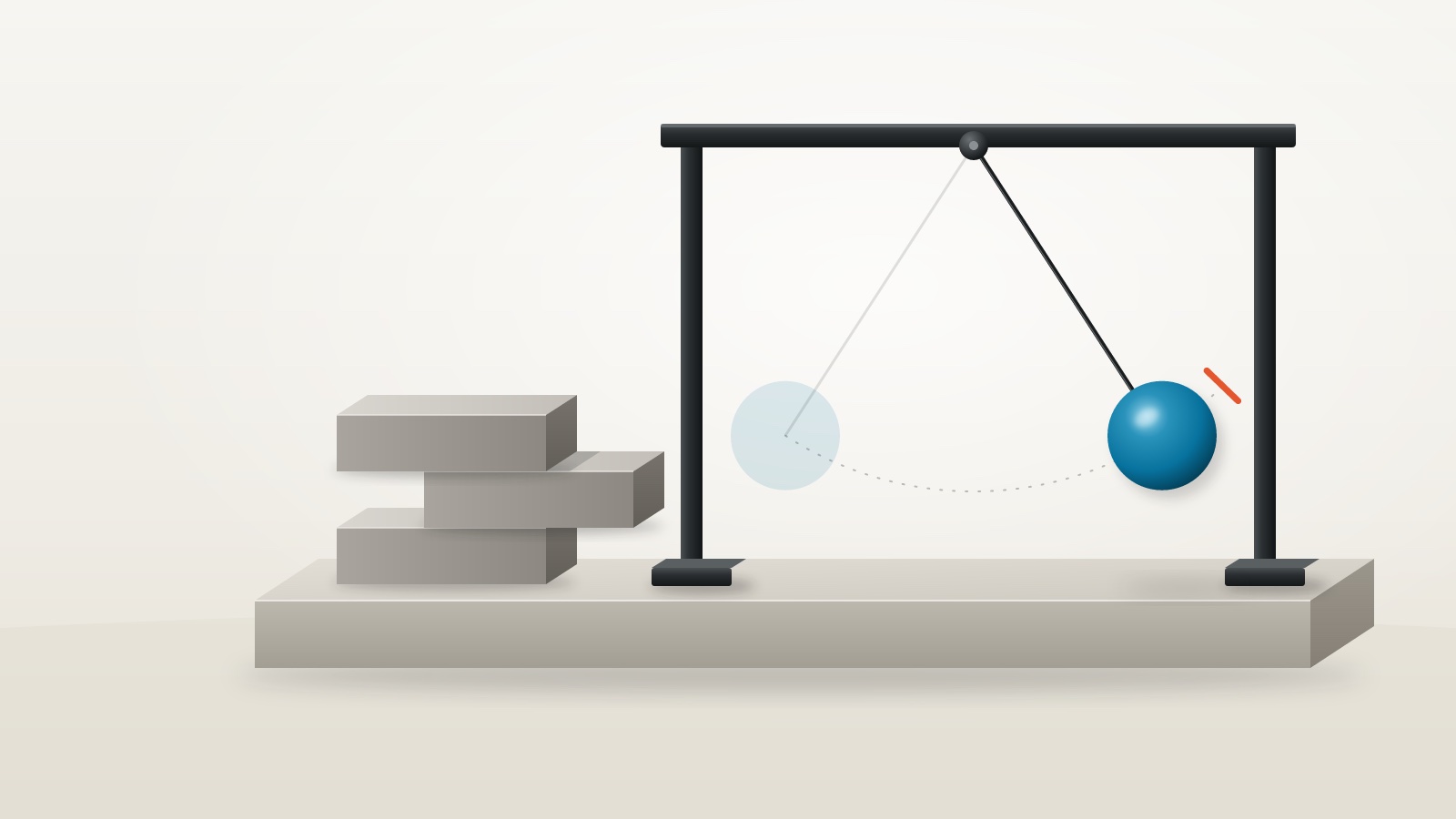 A teal pendulum at the far end of its swing on a graphite frame, beside a stack of grey stone slabs with the middle slab pulled half out, on a studio plinth.