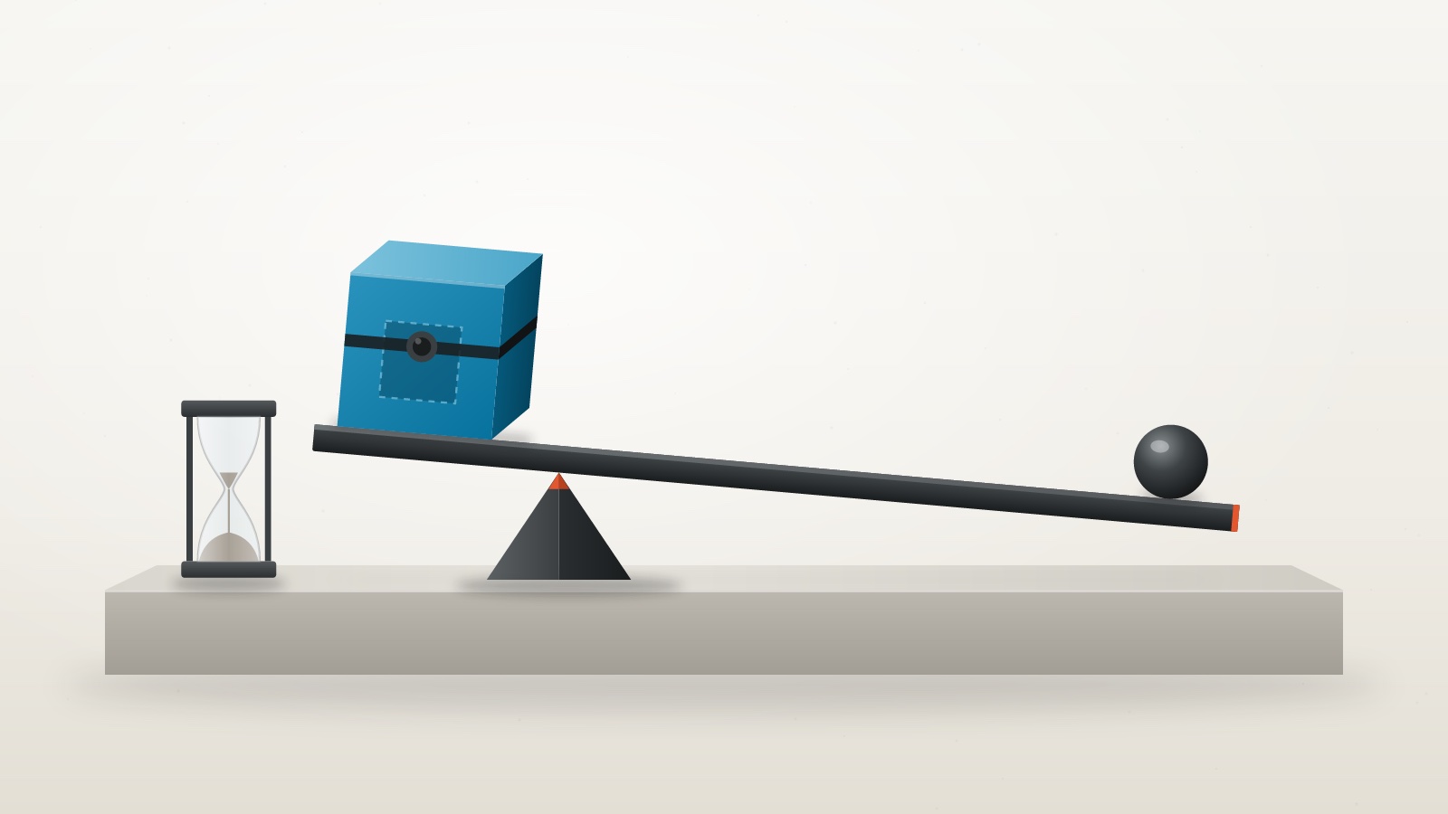A sealed teal cube on the short end of a long dark lever, a ball near the far edge and a nearly empty hourglass on a pale studio plinth.