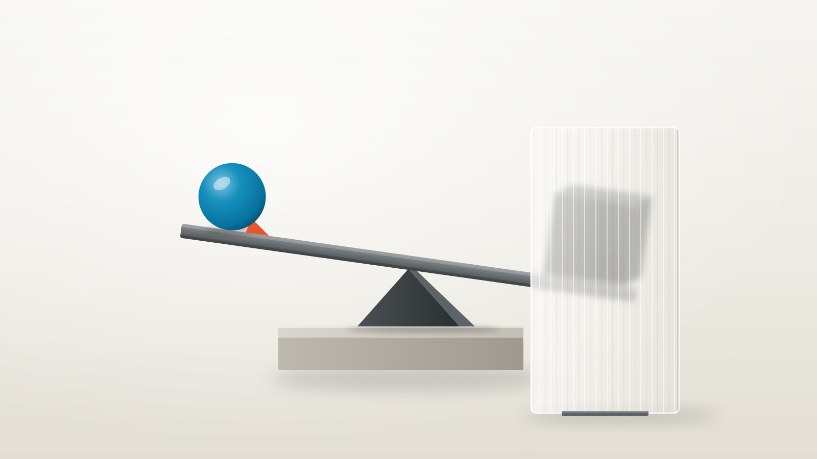 A teal ball on a tilted beam, held by a small orange wedge, is outweighed by a dark block half hidden behind a frosted glass screen on a studio plinth.