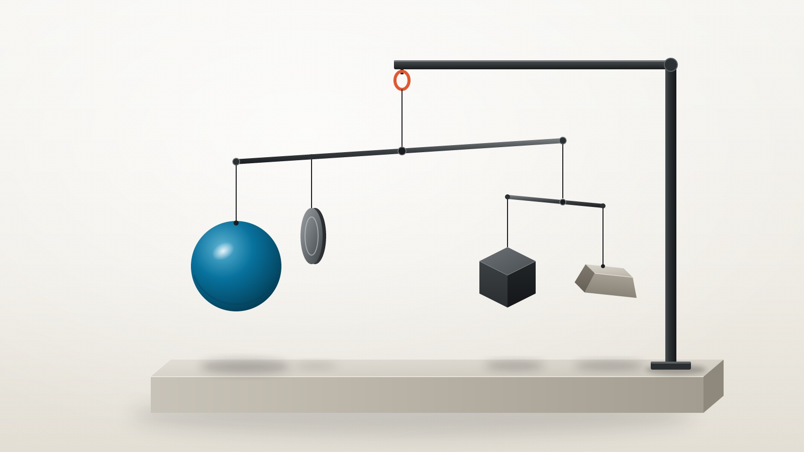 A hanging mobile on a studio plinth: a teal sphere, a dark cube, a stone ingot and a disc all hang from one bar held by a single orange ring.