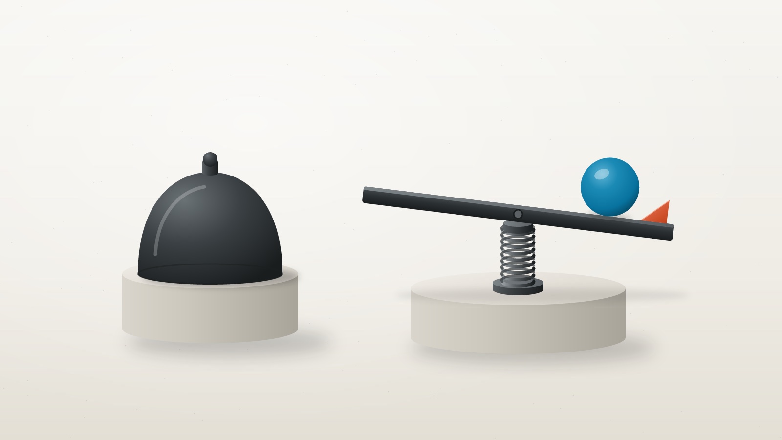 A dark cloche covers one stone plinth while beside it a teal ball sits at the low end of a plank balanced on a coiled spring, against a small orange stop.