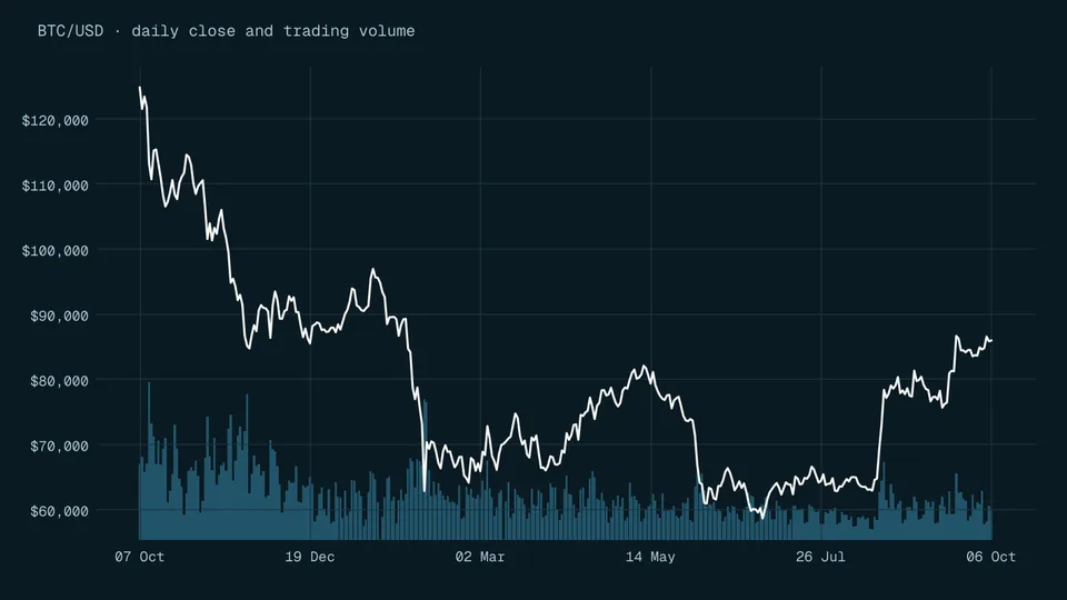 Bitcoin daily price line above bars showing daily trading volume