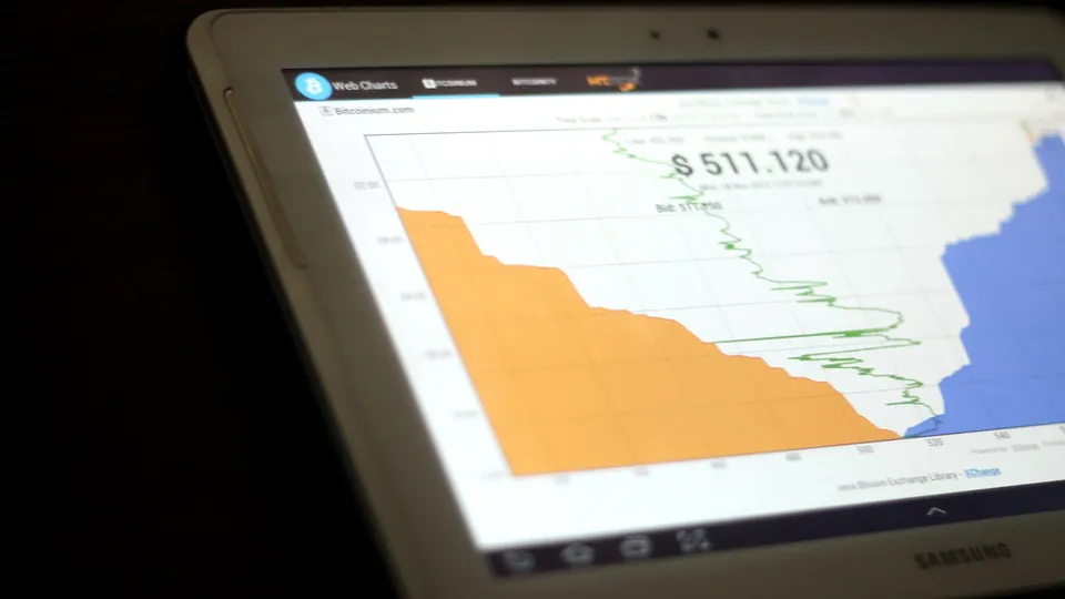 Tablet lying on a dark surface showing a bitcoin order book depth chart